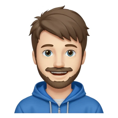 25 year old man, short scruffy beard and thin moustache, brown puffy mullet, blue eyes, big smile, white teeth, big lips, pronounced jaw, hair longer in back, sticking up on top, thin face, grey hooded sweatshirt, pale skin, big smile, blue eyes sticker