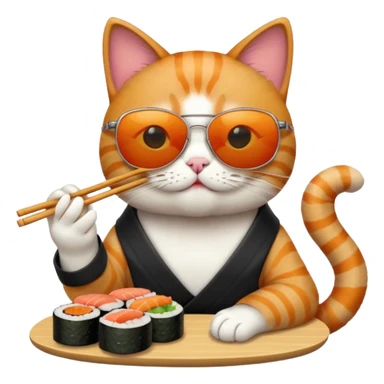 cat eating sushi with sun glasses on sticker