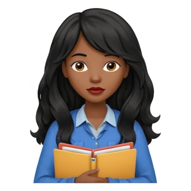 A young woman with long black hair, a wavy frange falling on half of her head. She's black, medium to dark skinned with thick lips. She's holding folders, because she's a CEO, but she's wearing casual clothes. sticker