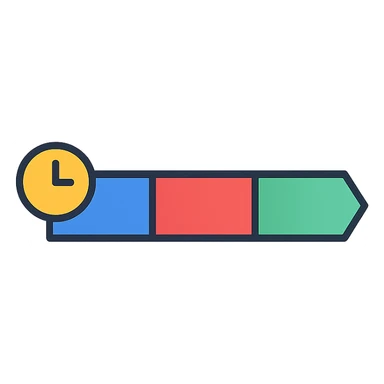 Create a small flat icon design inspired by the reference image. Represent a private equity transaction timeline as a simple, minimal icon with a horizontal bar chart consisting of three colored sections or blocks, each representing a phase. The icon should be clean, flat, and suitable for small size, with no text. sticker