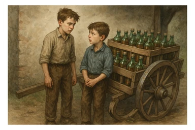 Bir g'ildiragi singan ichimliklar ortilgan arava uning yonida aka uka bir biriga havotirli nigoh bilan qarab turibdi  sticker