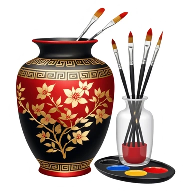 Chinese metal painting icon, delicate Chinese patterns painted on a metal vase, visible fine paintbrush, paint pots, and accessories like porcelain palette and cloth, vibrant colors like red, gold, and black, minimalistic style, clean lines, transparent background. sticker