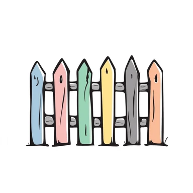 A wooden garden fence with decorative posts in pastel colors (dd9fb0, ffc6d3, a3bfc9, c4bee2, f1b091), hand-drawn doodle style sticker