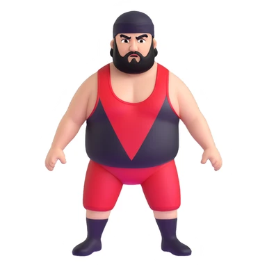 White skin fat guy with black durag, black beard, black eyes in a red and black wrestling singlet with angry face sticker