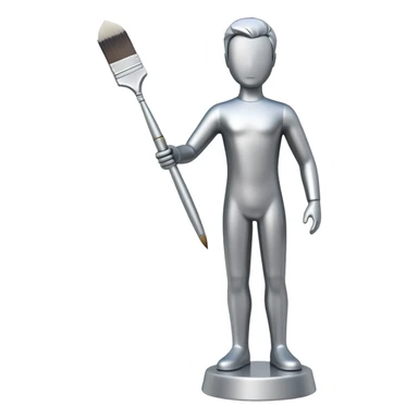 A paintbrush that transforms into a human metal silver silhouette sculpture, symbol of artistic identity, with a polished silver metallic finish sticker