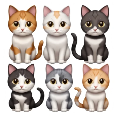 5 different coloured short haired cats including; a dark brown and white cat, and a dark grey and white, and a calico sticker