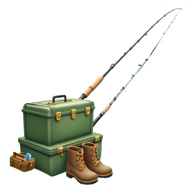 Icon for Fishing Travel: a fishing rod, tackle box, boots, and a boat by a serene lake, with fish jumping out of the water and surrounded by lush nature. The icon should capture the peaceful and adventurous spirit of fishing trips. Transparent background. sticker