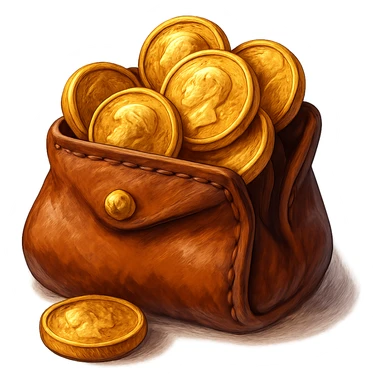 В cлегка рисованной, но при этом объемной и яркой стилистике сгенерируй картинку кожаного кошелька, из которого торчат фотореалистичные золотые монеты. Они должны выглядеть не как пластмассовые, а как настоящее золото. Прозрачный фон sticker