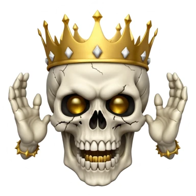 Demonic 3D skull holding its head by its two hand in shock, mouth open, wearing a golden crown, horror vibe sticker