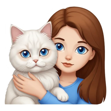 White persian cat with blue eyes cuddling brown long hair with brown eyes girl sticker