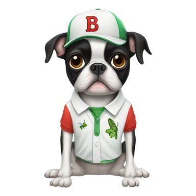 Boston terrier with a shirt that has a cricket on it sticker
