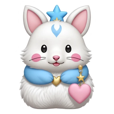 GENERATE ME A MOMONGA WHITE ANIMAL  FROM CHIIKAWA AND PUT A SAKURA FLOWER ON HIS HEAD AND A STAR PELT ON HIS BELLY AND A HEART PURSE ON HIS ARM WITH HIS FACE MAKE HIS TOUNGE STICK OUT WITH A LITTLEPINCH OFDROOL AND MAKE HIM ANIME STYLED ART GIVE HIM A BIG BLUE FLUFFY TAIL sticker
