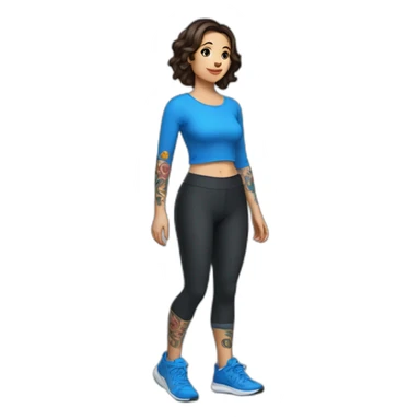 Short brunette, leggings, blue walking shoes, half tattoo sleeve sticker
