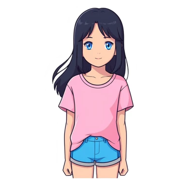 Beautiful girl with long black hair and blue eyes, wearing a pink short top sticker