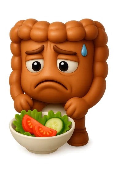 EMOJI STILE IPHONE DI UN INTESTINO UMANO ANATOMICO CHE GUARDA UN INSALATA CON ESPRESSIONE TRISTE E RASSEGNATA IN VOLTO: SOFFRE LA FAME PERCHé è A DIETA, FAGLI ANCHE LA PARTE BIANCA DEGLI OCCHI, NON SOLO LE PUPILLE, IPERREALISTICO 4K sticker