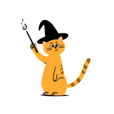 Orange cat wearing a pointy wizard hat and casting a spell with a magic wand sticker