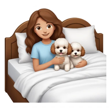 tan girl with long brown hair with three bichon frises in bed sticker
