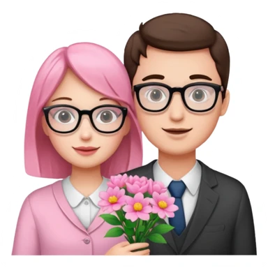 guy give pink flowers to a girl with glasses  sticker