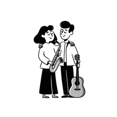 Two musicians standing side by side, both facing forward, with one's arm over the other's shoulder in a friendly side hug, both smiling, musical instruments nearby, fraternal camaraderie sticker