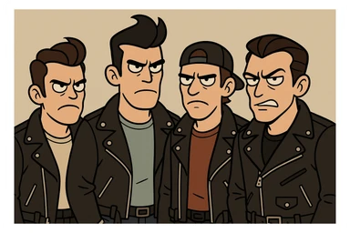 group of bad boys, leather jackets, defiant expression, neutral background sticker