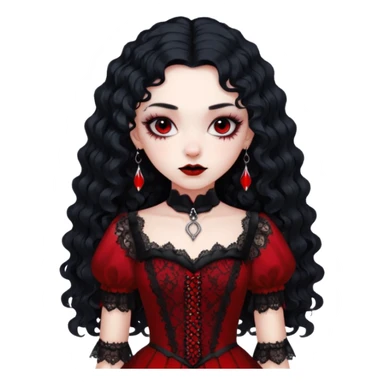 A girl with a red goth vampire look in a blck and red goth lace dress long black curly hair  sticker
