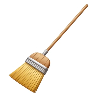 traditional broom with wooden handle on a dusty carpet, straw bristles sweeping visible dust particles, vintage household cleaning tool, 3D cartoon, mobile game icon style, centered composition, no people, no animals, no text, no watermark sticker