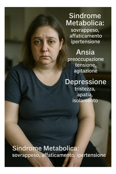 Donna con sindrome metabolica, ansia e depressione, sintomi evidenti immagine realistiche in italiano sticker