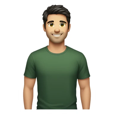 Handsome man with dark hair, gradient short hair on the side, green eyes. Big smile and thin face. Black t-shirt. Little bear sticker