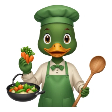 A duck holding a frying pan with sizzling vegetables, wearing green apron sticker