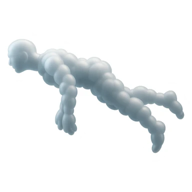 side view of unconscious person flying upwards by torso, legs and arms downwards, made of small very bright white fluffy convex clouds, matte glass style sticker