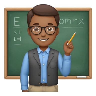 "Create a cute and detailed emoji of a male teacher writing on a chalkboard. The teacher is smiling, wearing glasses, and dressed in a casual shirt and pants. He is holding a piece of chalk and writing something on the blackboard. The style should be colorful, friendly, and cartoon-like, with simple and clear lines." sticker