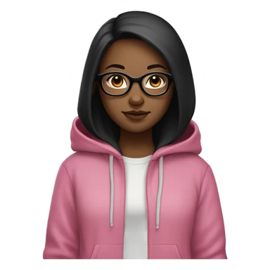 A young girl with long, straight black hair parted in the middle, wearing square pink glasses, pale skin, and a black hoodie. She has a round face, a casual, relaxed expression sticker