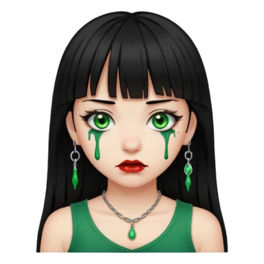 Guria com cabelo preto franjinha sangrando olhos verdes  fundo preto e um piercing bridgepiercing sticker