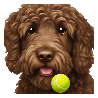 Chocolate labradoodle with tennis ball sticker