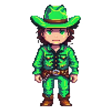 Pixel art of a cowboy character with green outfit and hat sticker
