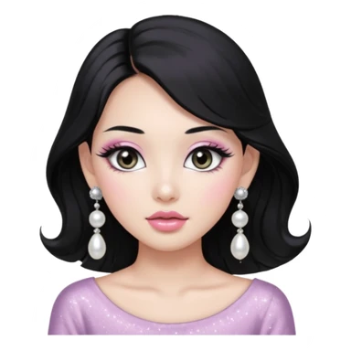 asian long voluminous black hair silver grey eyes glossy lips glittery white and light pink eyeshadow girl pearl earrings sticker