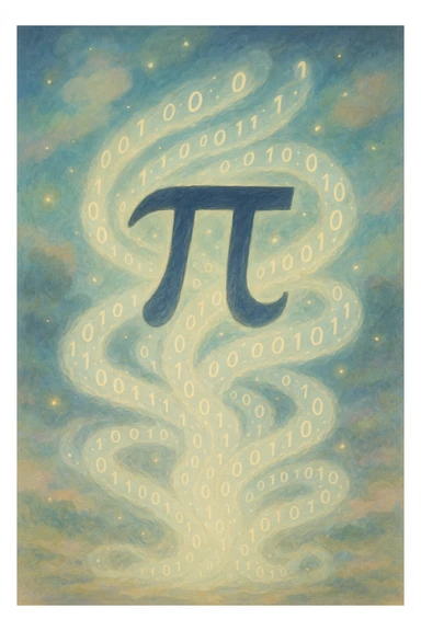  combine the π (pi) math symbol, binary code, and digital mist emerging from it. sticker
