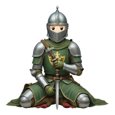A lone medieval knight in a green worn armor kneels. His helmet is closed, hiding his face, conveying silence, exhaustion and contemplation. A long sword is planted in the ground beside him, its hilt resting near his gloved hands as if he is praying or resting after battle. sticker