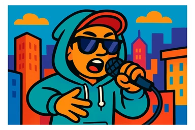 hip hop Chinese American character rapping into a microphone, wearing hoodie and sunglasses, cityscape elements, bold colorful style sticker