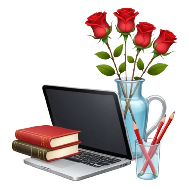 crear una  pizarra grande con libros a un lado, cuadernos, lapices, creyones, un vaso de cristal con rosas rojas, morral, lapto, estilo vector sticker