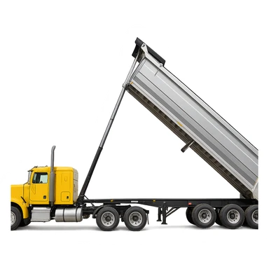 yellow semi sleeper truck with long silver end dump trailer, trailer raised in dumping position, side view, no background sticker