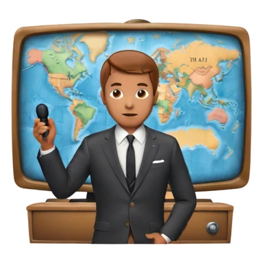 Icon for Documentary Film (TV style): A large vintage TV screen with a serious-looking host standing in front of a map. The host holds a microphone, and the map displays historical or geographical information. Retro TV broadcast style. Transparent background. sticker