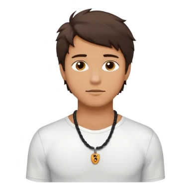 create an emoji of a young man. he has a surfer look, with short messy dark brown hair, brown eyes, tanned skin, natural lips. he wears a white tight shell necklace with a white shirt sticker