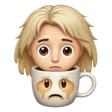 classic emoji style face with messy hair, droopy eyes, and a coffee cup, looking hungover sticker