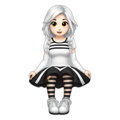 Frontal view curvy emo girl sits white skirt striped stockings hands up sticker
