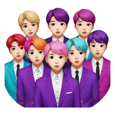 Cinematic Realistic group portrait of BTS featuring all 7 members in stylish modern attire, with detailed facial expressions and vibrant colors, captured in dynamic, contemporary lighting that emphasizes their global pop icon status sticker