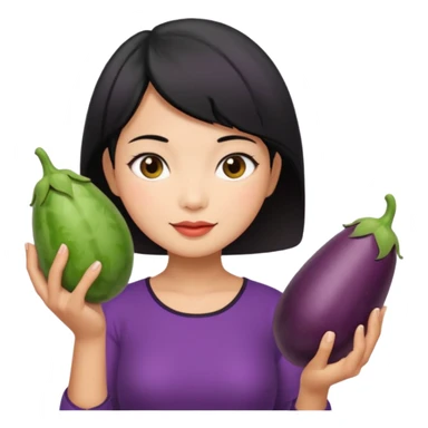 Vietnamese lady with short hair holding eggplant sticker