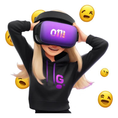 Russian girl wearing black hoody with violet letters "OMG", in vr headset oculus quest2. Dancing. Cyberpunk style. Violet neon. sticker