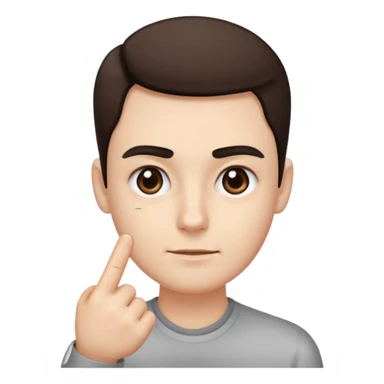 iOS-style 3D emoji: a person with one eyebrow raised, slightly tilted head, and index finger wagging side to side in front of them sticker