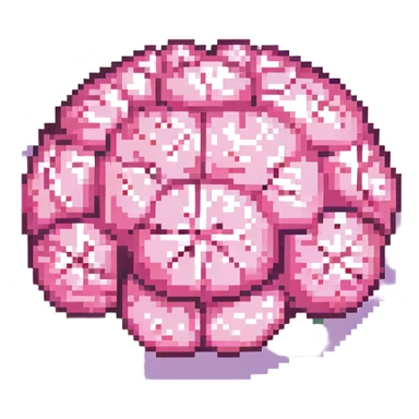 16-bit pixel art of a pink brain-shaped blob, smooth rounded brain texture, simple retro gaming style sticker